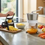 Préparation de frites et purée dans une cuisine moderne