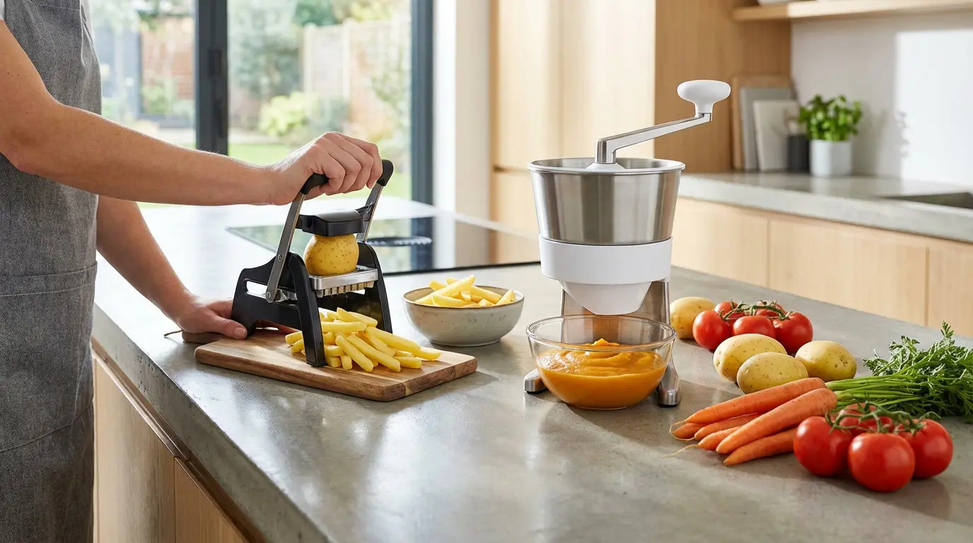 Préparation de frites et purée dans une cuisine moderne