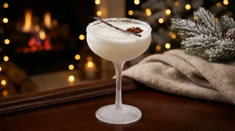 Cocktail crémeux vanille devant cheminée festive