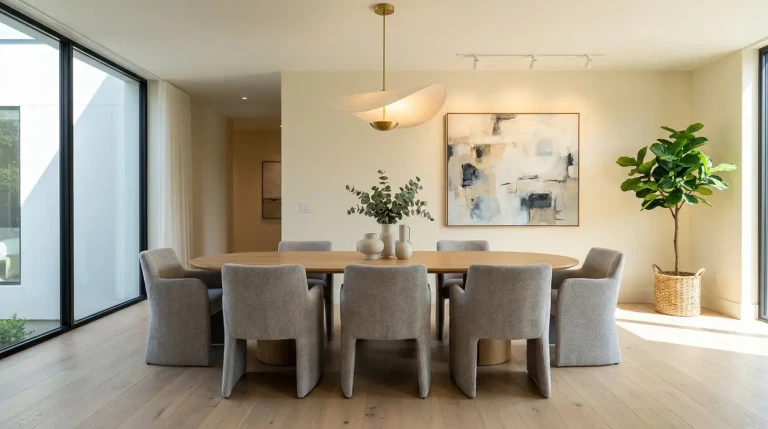 Salle à manger moderne lumineuse avec grande table en bois