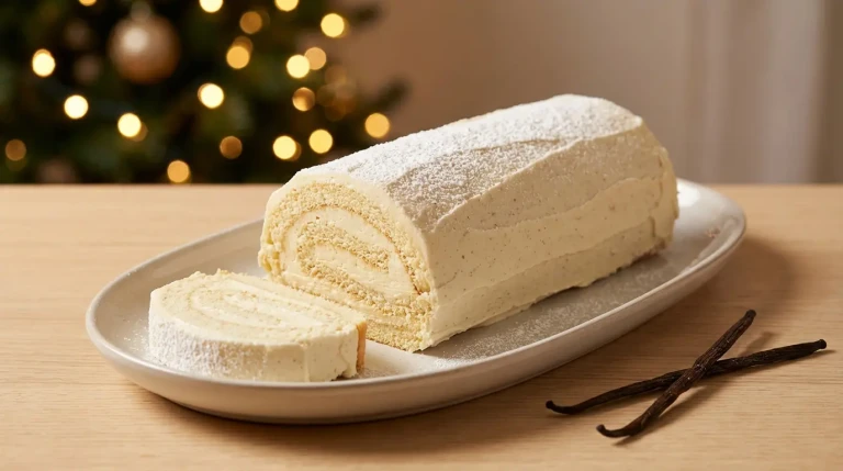 Bûche de Noël à la vanille sur une assiette