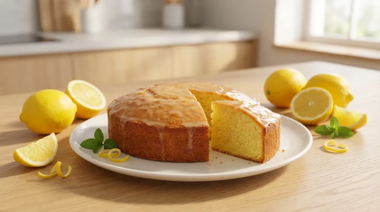 Gâteau au citron glacé sur une assiette blanche
