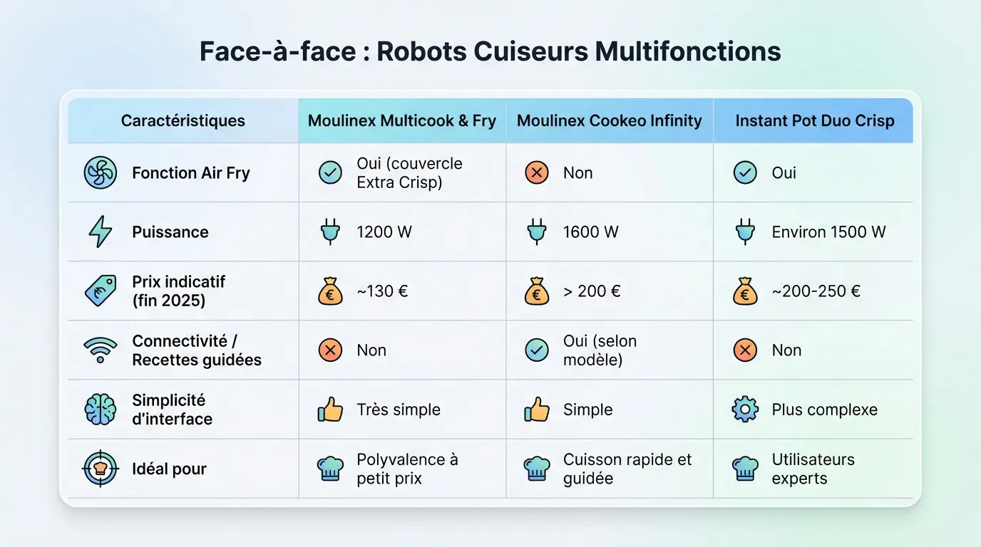 Comparatif visuel entre le Moulinex Multicook & Fry et ses concurrents directs sur un plan de travail