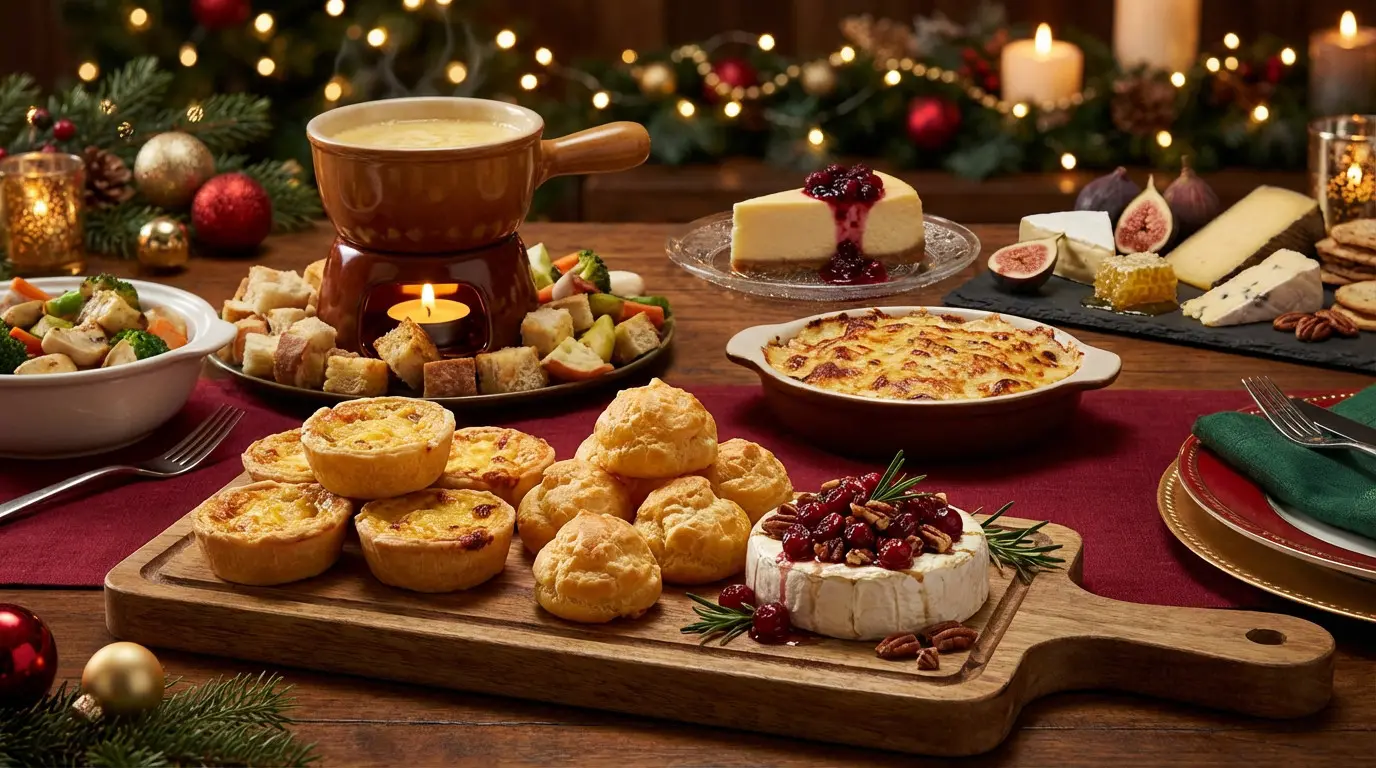 Table festive avec fromages, fondue et desserts.