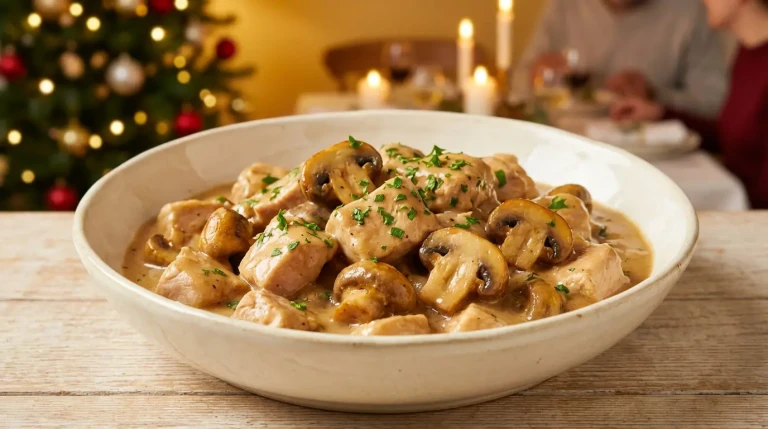 Blanquette de veau aux champignons servie en plat.