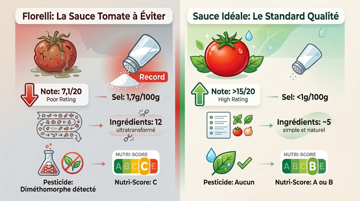 Comparatif visuel entre la sauce tomate Florelli mal notée et une sauce idéale saine