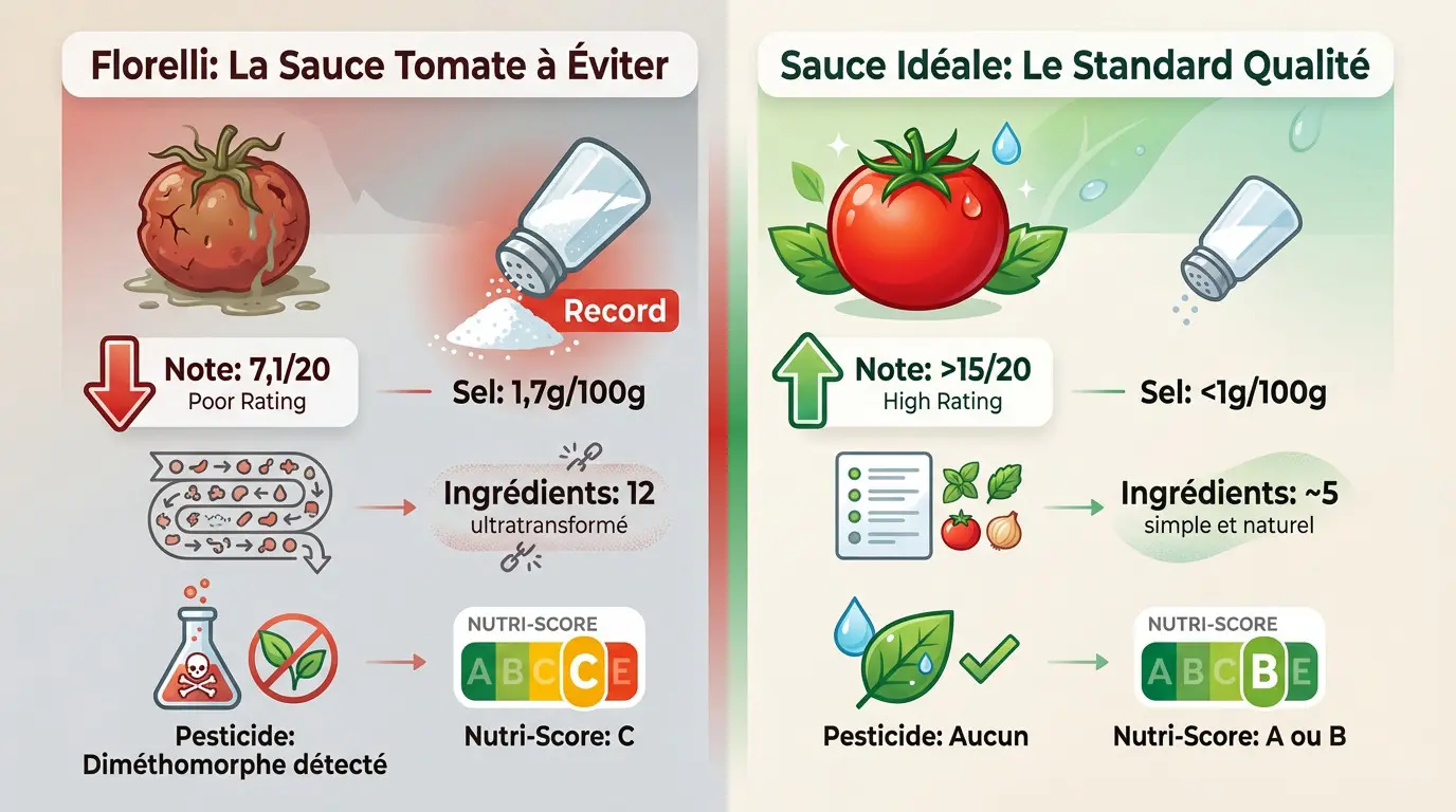 Comparatif visuel entre la sauce tomate Florelli mal notée et une sauce idéale saine