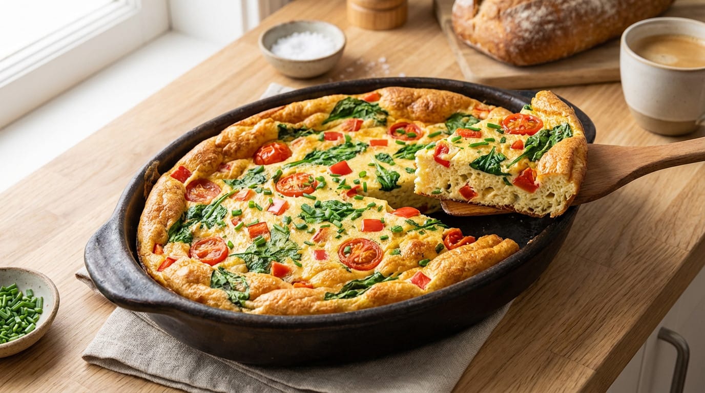 Omelette au four moelleuse avec légumes et fromage, recette facile et rapide