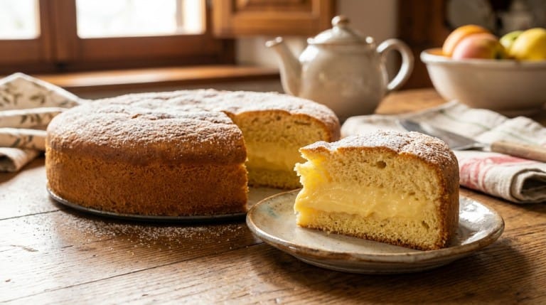 Torta Nua, gâteau italien moelleux avec crème pâtissière, sur une assiette décorée