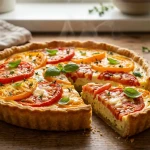 Tarte salée aux tomates et basilic sur table en bois
