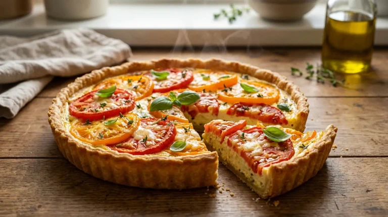 Tarte salée aux tomates et basilic sur table en bois