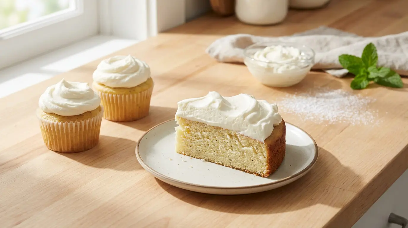 Gâteau et cupcakes à la vanille avec glaçage crémeux