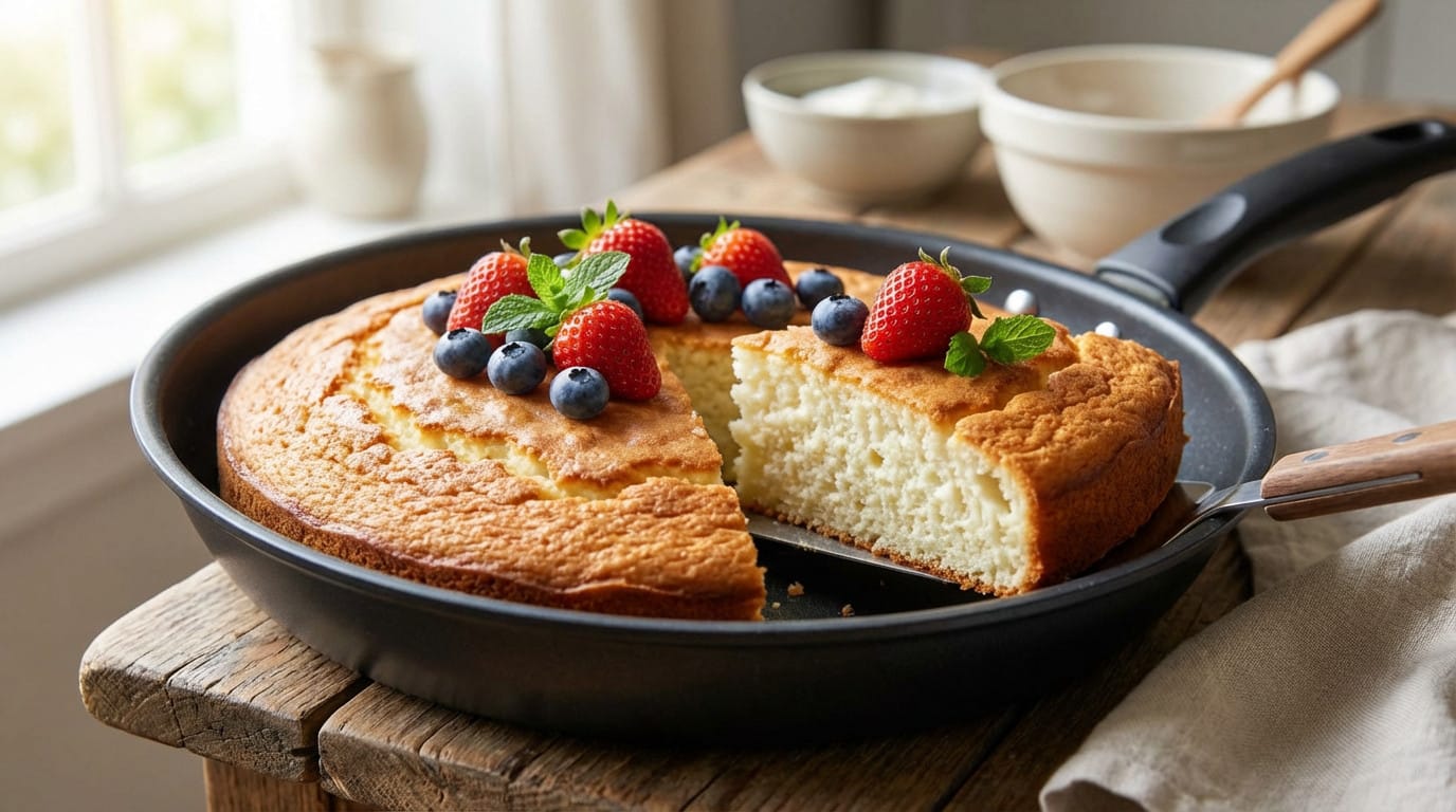 Gâteau yaourt poêle moelleux prêt à être dégusté, sans four