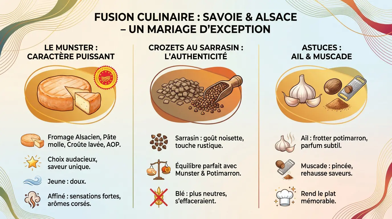 Gratin de crozets au munster servi dans un potimarron rôti, fusion Savoie Alsace