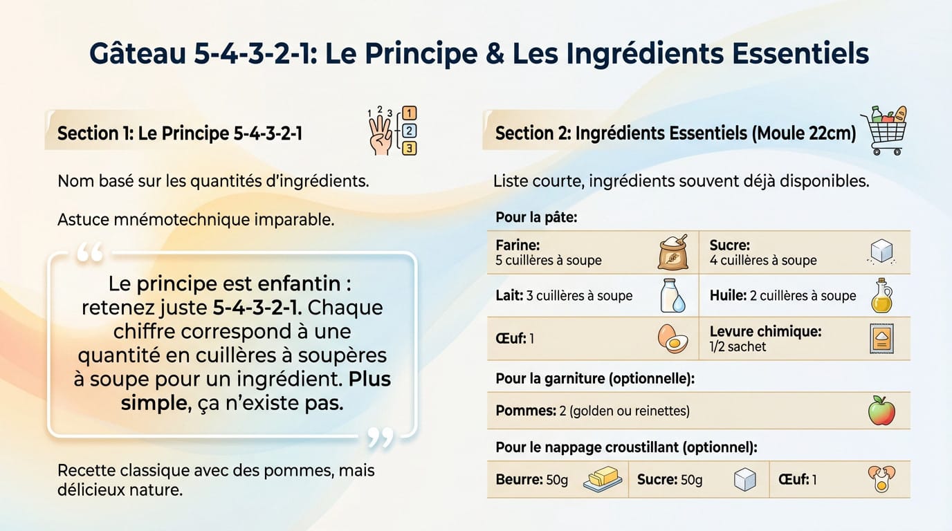 Illustration des ingrédients et du principe du gâteau 5-4-3-2-1