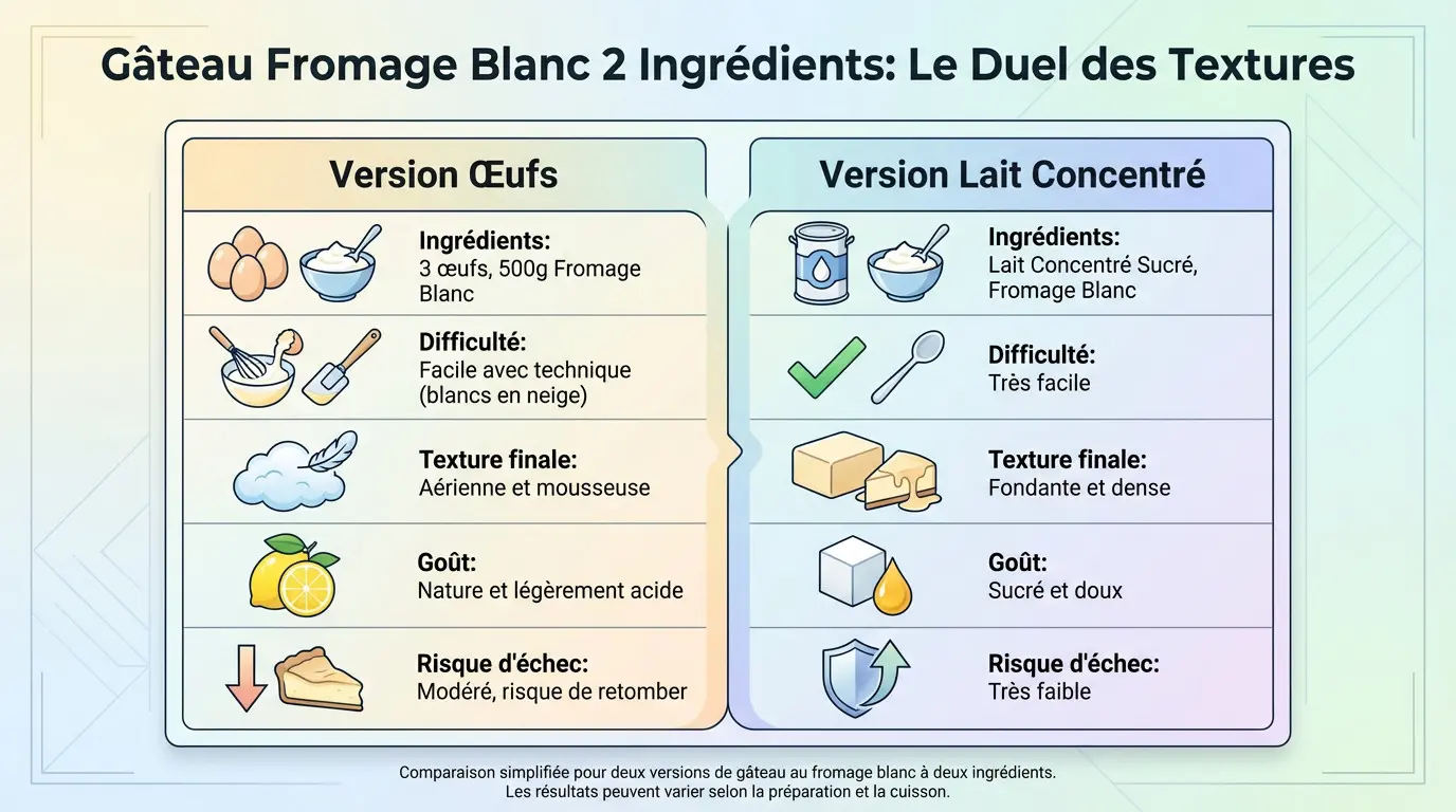 Comparaison visuelle entre le gâteau au fromage blanc lait concentré et la version aux œufs