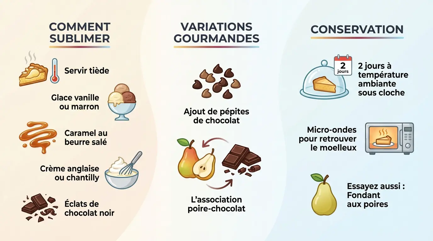 Part de gâteau poire-amande servie tiède avec une boule de glace vanille