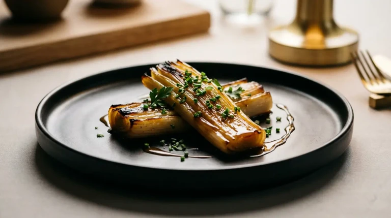 Poireaux rôtis nappés de sauce et ciboulette
