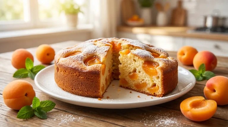 Gâteau moelleux aux abricots frais sur table en bois