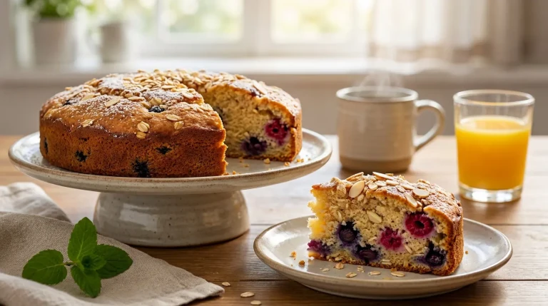 Gâteau aux fruits rouges et myrtilles sur table.