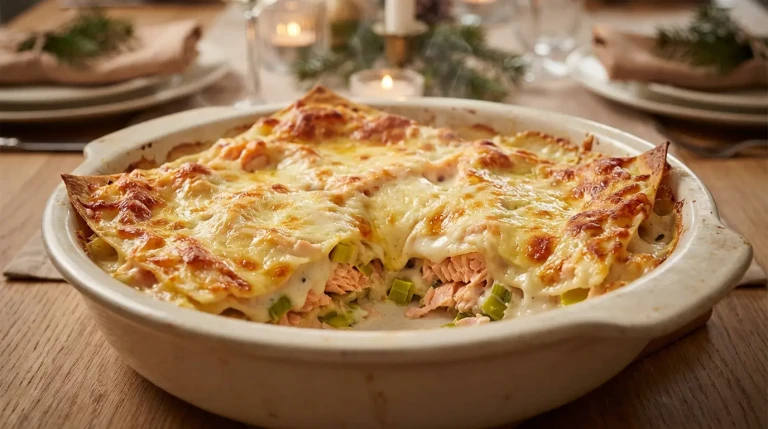Lasagnes au saumon et poireaux gratinées au fromage