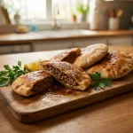 Pain farci à la viande sur planche en bois