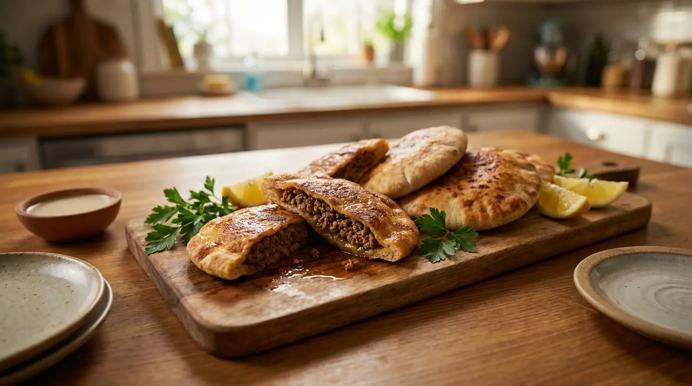 Pain farci à la viande sur planche en bois