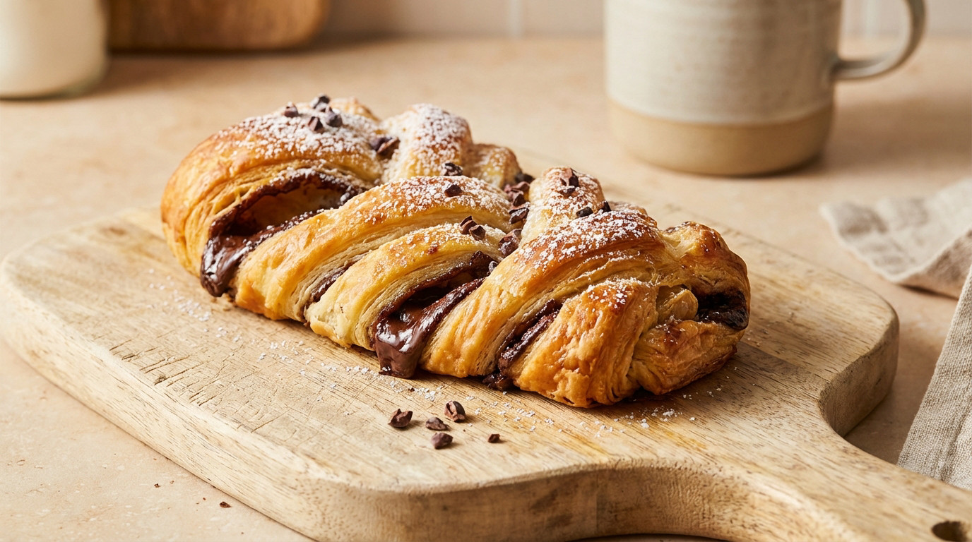 Tresse feuilletée chocolat dorée, prête à déguster, sur une plaque de cuisson