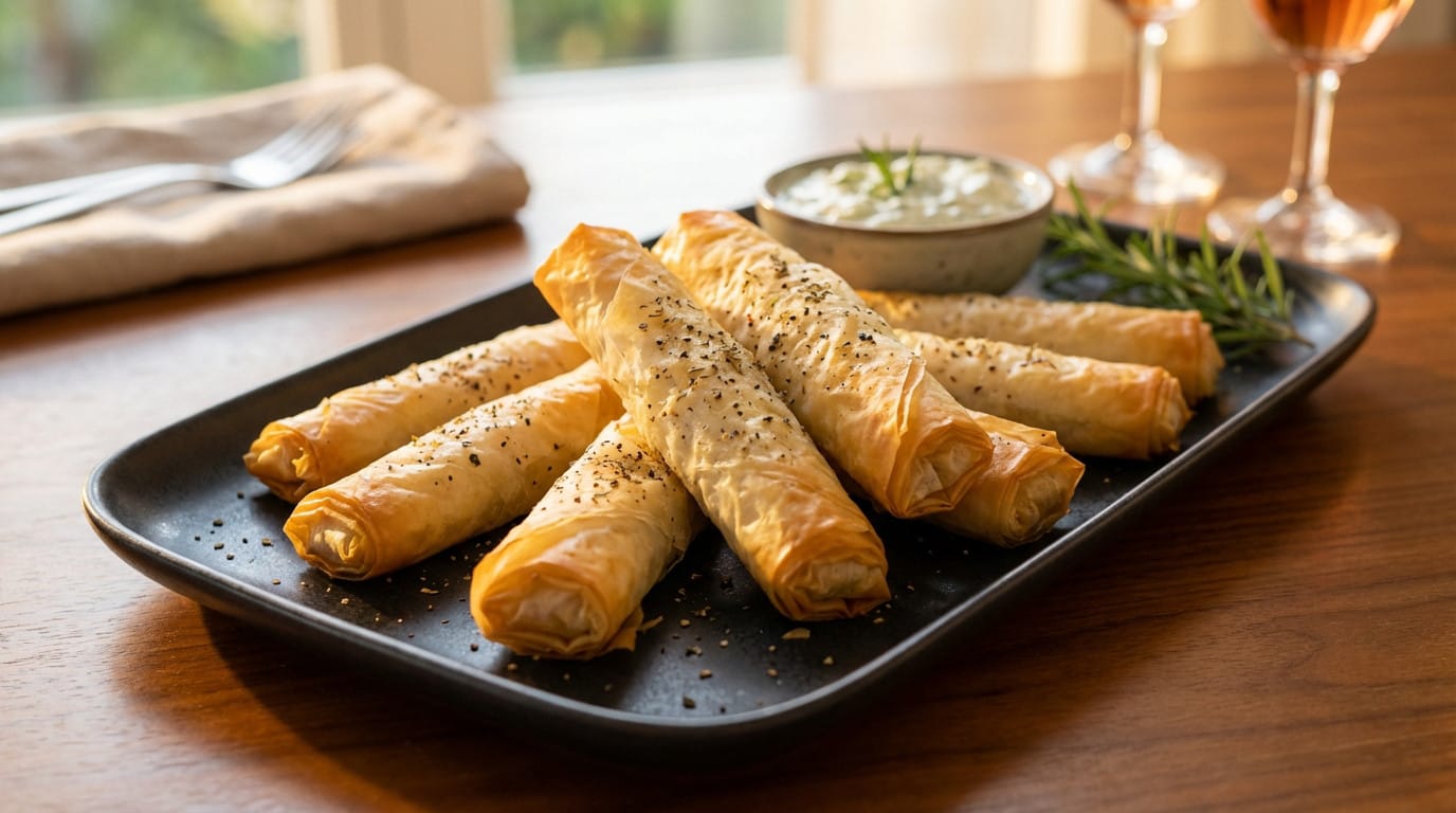 Roulés de pâte filo apéritif dorés, garnis de fromage frais et herbes, prêts à être dégustés.