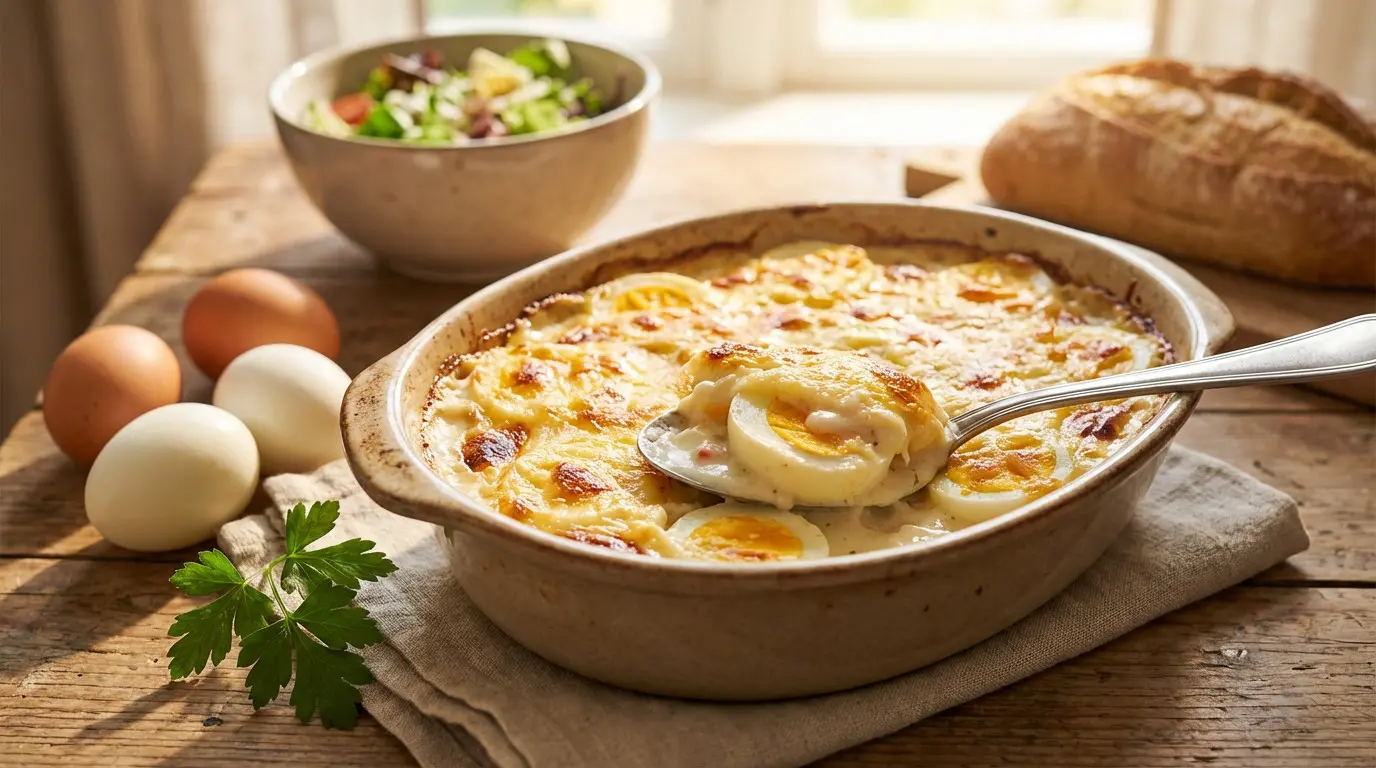 Gratin d'œufs sauce béchamel sur table rustique