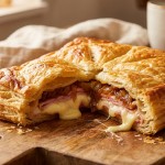 Ingrédients frais et matériel pour recette feuilleté camembert jambon oignons sur plan de travail