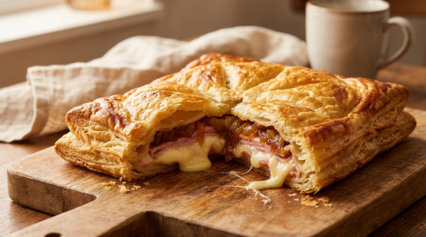 Ingrédients frais et matériel pour recette feuilleté camembert jambon oignons sur plan de travail