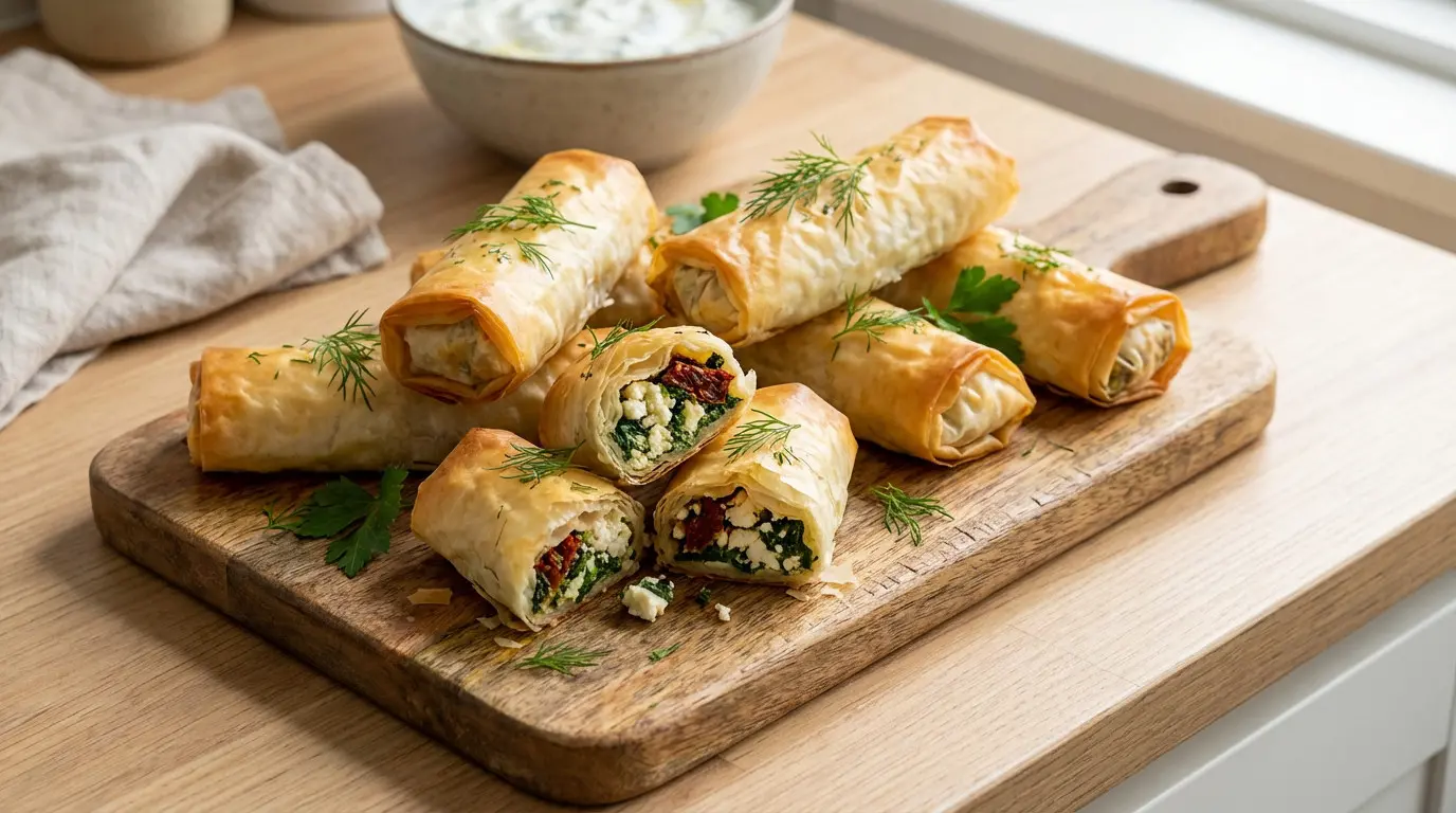 Feuilletés aux épinards et feta sur planche en bois