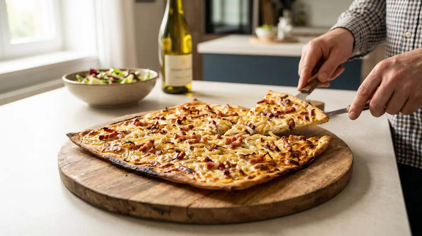 Tarte flambée alsacienne coupée sur planche en bois