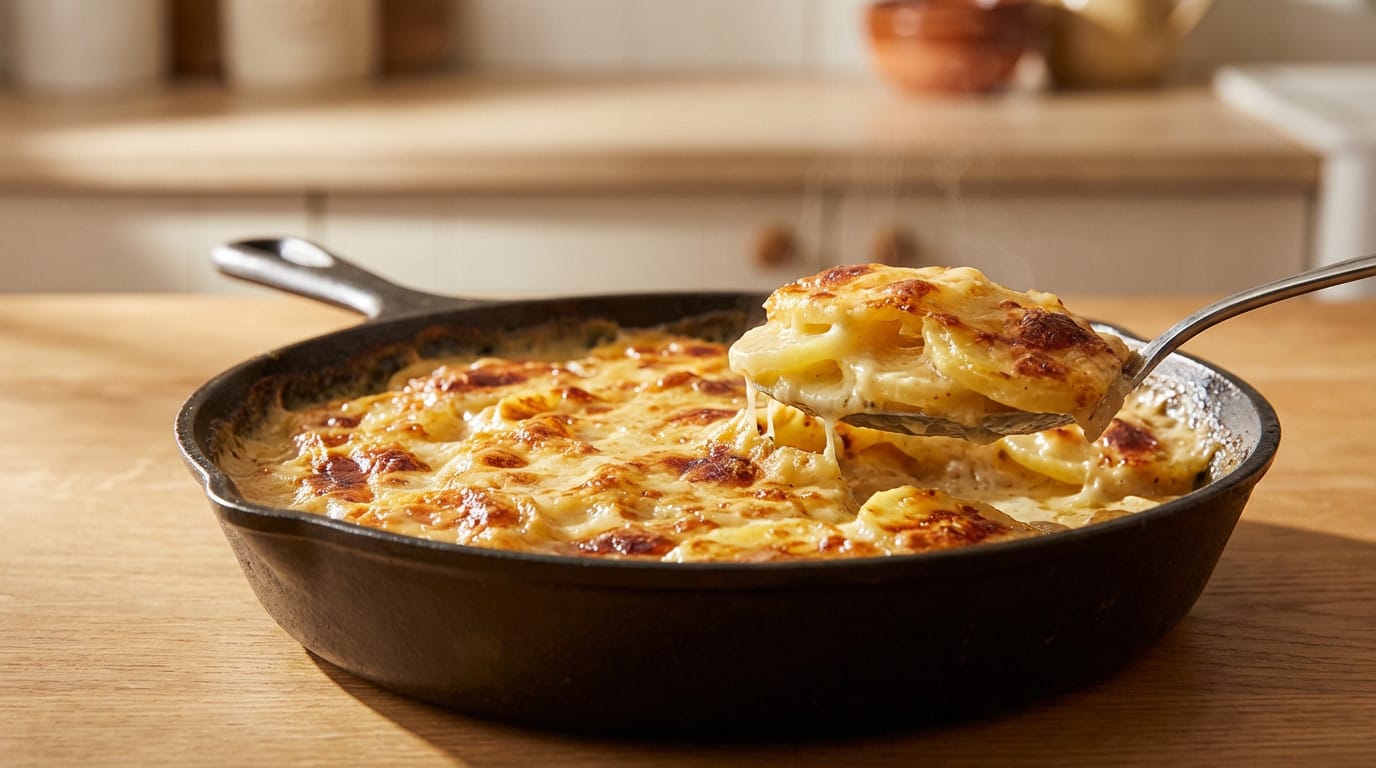 Gratin pommes de terre poêle avec fromage fondu et herbes fraîches, prêt à servir