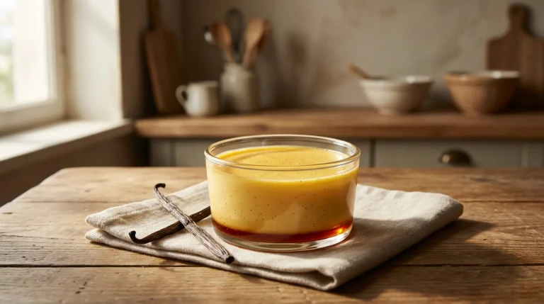 Crème caramel à la vanille sur table rustique