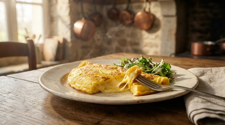 Omelette fromage fondante garnie de fromage et ciboulette, prête à être servie
