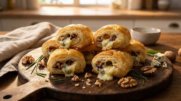 Roulés de pâte feuilletée au fromage bleu et noix, croustillants et dorés
