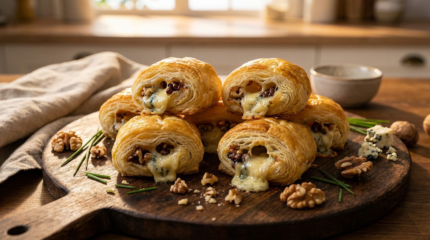 Roulés de pâte feuilletée au fromage bleu et noix, croustillants et dorés
