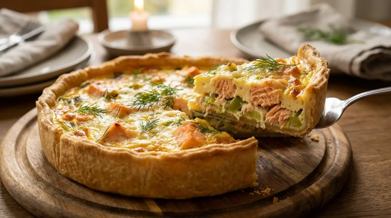Quiche au saumon et poireaux sur table rustique