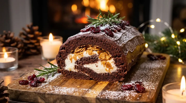 Bûche de Noël au chocolat décorée sur une table.