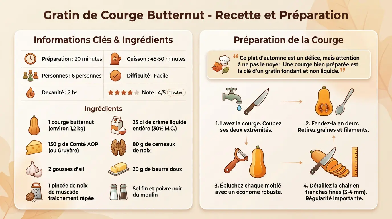 Ingrédients frais et préparation de la courge butternut pour le gratin