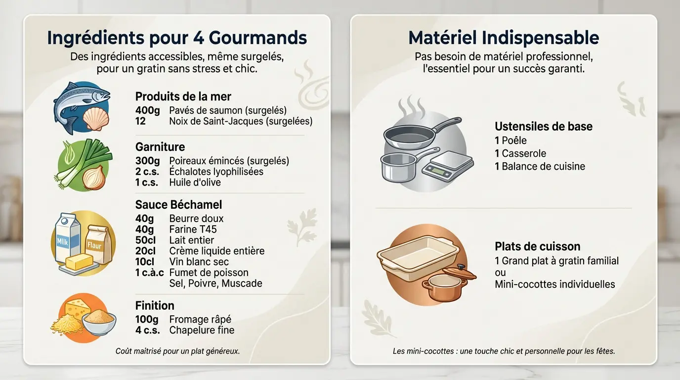 Ingrédients et matériel pour gratin de poisson festif