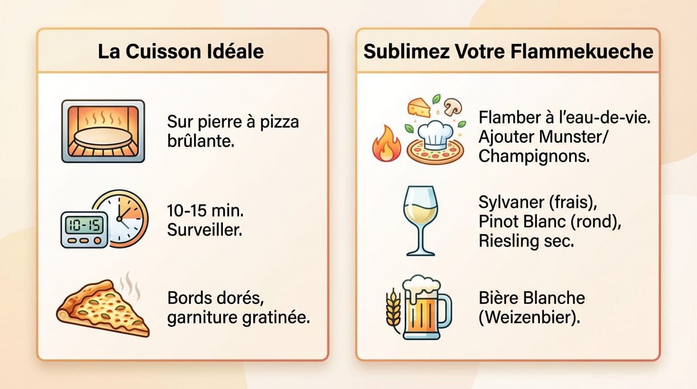 Flammekueche alsacienne croustillante et dorée sur pierre à pizza