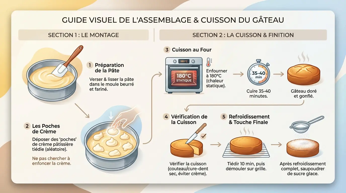 Guide visuel montrant le dépôt de la crème pâtissière sur la pâte crue de la Torta Nua