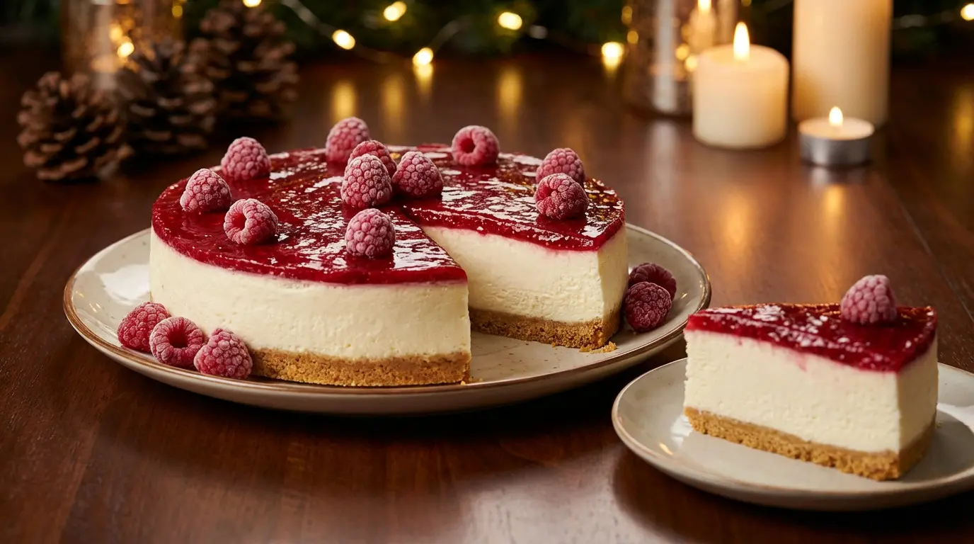 Cheesecake framboise sur table décorée de bougies.