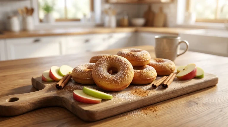 Beignets aux pommes et cannelle sur planche en bois