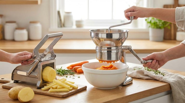 Moulin légumes coupe frites Lidl en acier inoxydable pour des préparations maison rapides