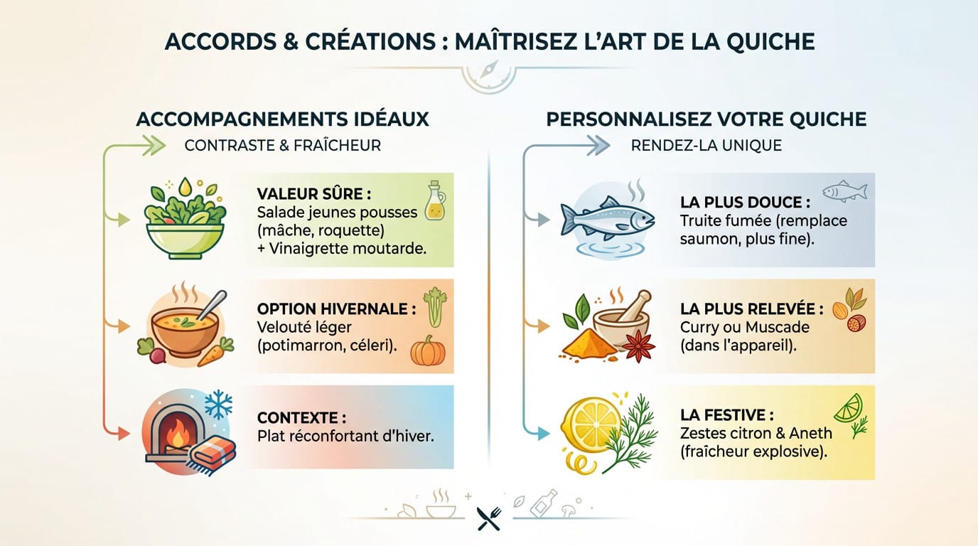 Infographie présentant les accords mets et vins ainsi que des idées de variations pour une quiche au saumon parfaite
