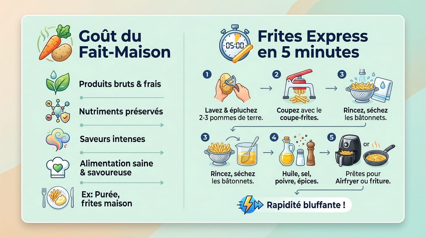 Infographie illustrant les avantages du fait-maison et la rapidité du coupe-frites